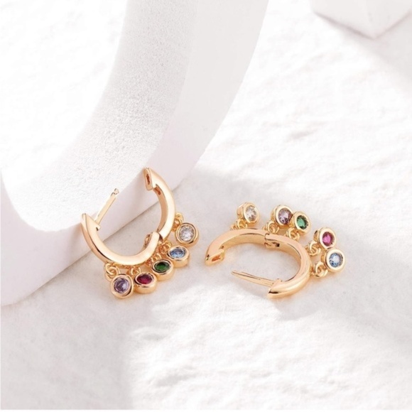 GOLD 14k Gold Plated Tassel Colorful Cubic Zirconia Hoop Earrings - Picture 2 of 3